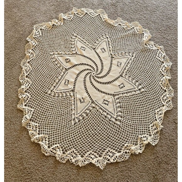VINTAGE Handmade Beige Round Crochet Table Doily 38" - Picture 2 of 6